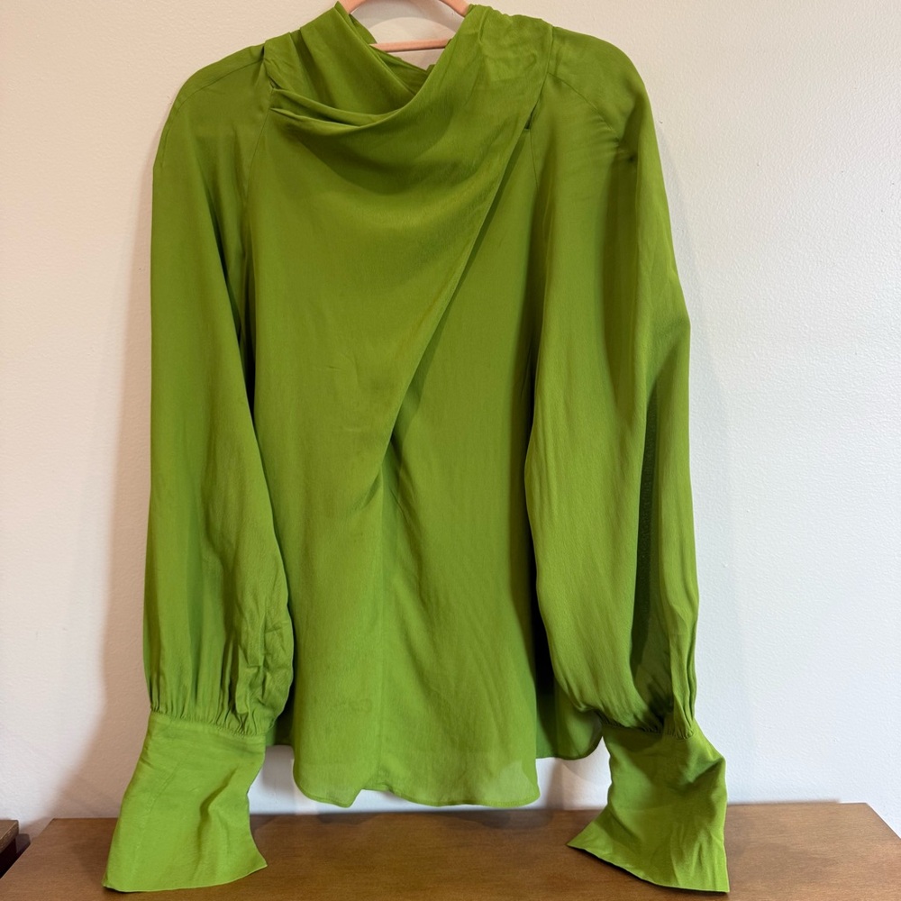 Zara | Green Flowy Satin Drape Long Sleeve Blouse - Picture 8 of 16